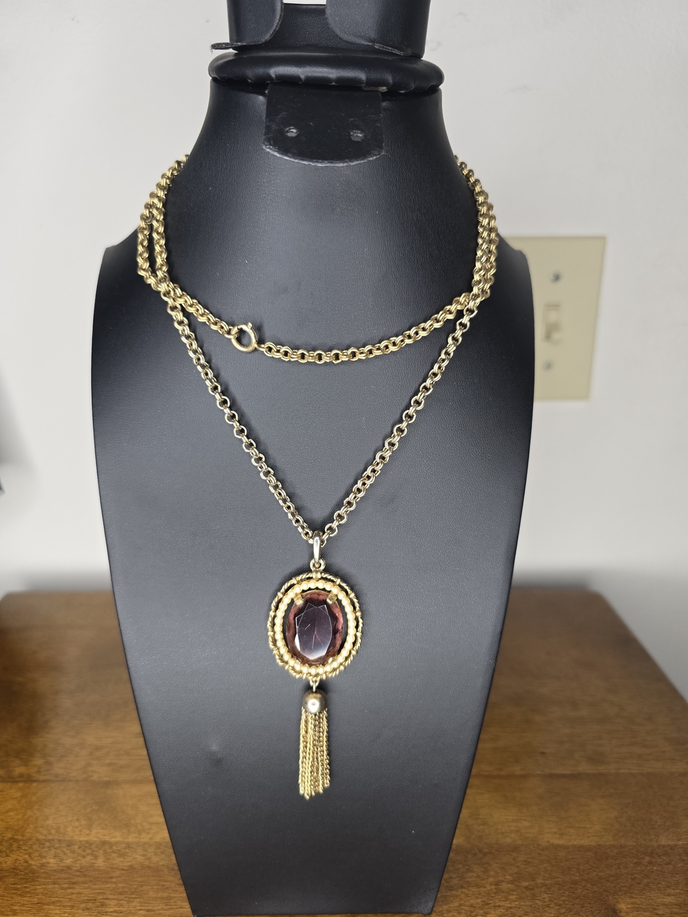 Avon Gold-Tone Layered Necklace with Deep Red Gem and Tassel